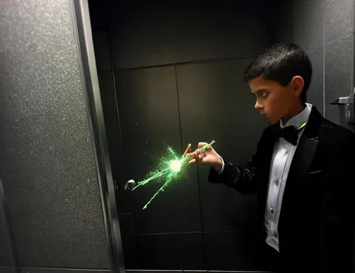 Prompt: 13 year old boy cast a crazy magic spell on someone inside the toilet stall with his magic wand from the outside. Only show the outside of the stall. Lots of sparkle magic from the magic spell spewing out from the top of the stall. Show the boy in the tuxedo with his magic wand casting the spell outside the stall 