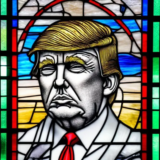 Prompt: A stained-glass window of Donald trump. 