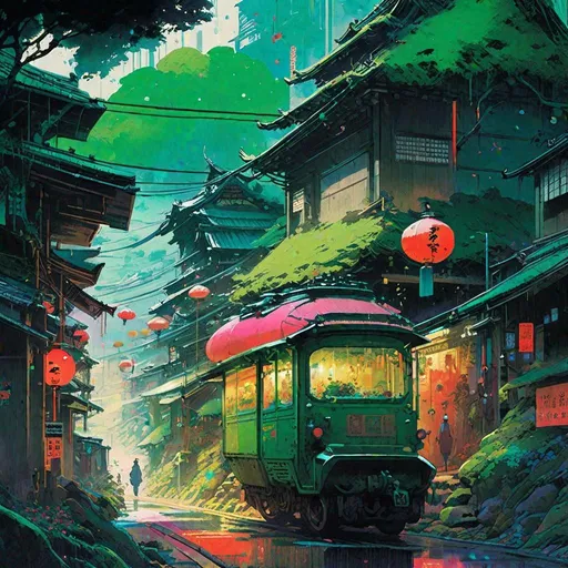 Prompt: "a small Japanese town: by Bryce kho: hyperdetailed: watercolor by heikala: 8k resolution concept art: by yoshitaka amano, ismail inceoglu: by graham fink, anime key visual by studio Ghibli: stunning: poster art: album cover art: green: bold unique colors: neon color palette: Splash art"