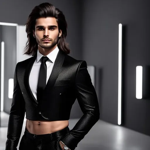 Prompt: a gorgeous 4k hdr photo of an attractive extremely long-haired 21-years old man with a six pack abs wearing a crop top black long sleeve business suit with a black necktie and black business suit pants, he also has a bare midriff and a bare navel, he is standing behind a shop, ((highly detailed)), ((high quality)), ((vibrant))