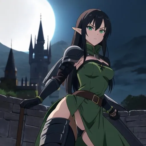 Prompt:  Pretty, rogue, slutty Anime woman, dark black hair, dark green hazel eyes, elf, armoured, near a castle at night, 