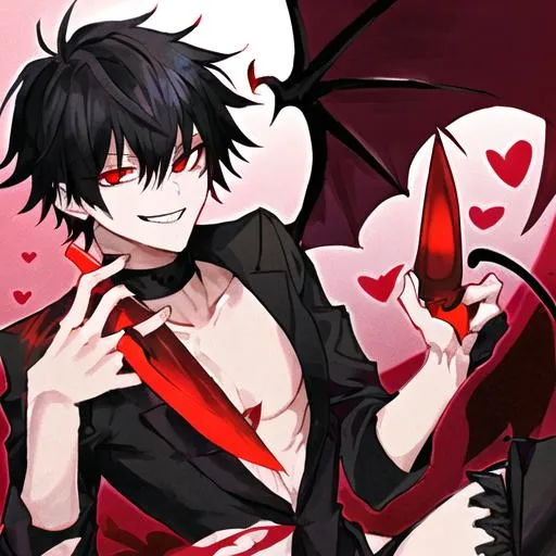 Prompt: Damien (male, short black hair, red eyes), demon form, grinning seductively, holding a knife, hearts around him
