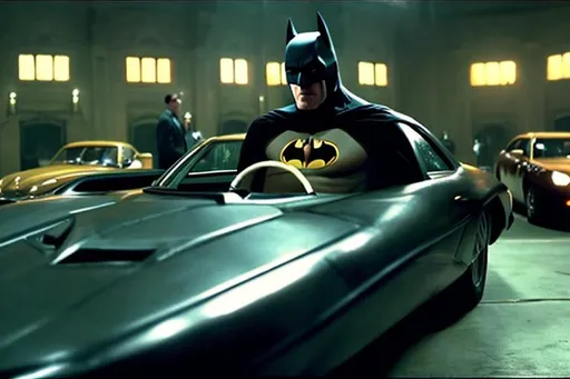 Prompt: Batman driving a car directed by Wes Anderson, long shot.