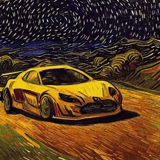 Prompt: Van Gogh style drawing of a race car on a mountainside during night