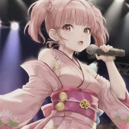 Prompt: japanese idol singer with pink hair to her shoulders, two pigtails short