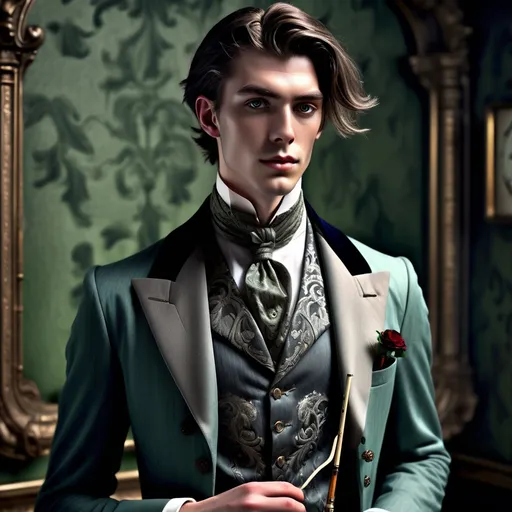 Prompt: Photorealistic eternally young Victorian gentleman in his 20s
, based off Dorian Grey immaculate tailored suit with subtle clockwork embroidery, ornate pocket watch that ages while he doesn't, jade and silver walking stick, perfect complexion with haunted eyes, luxurious and stylish clothing, bit of dandy but immensely attractive using the young Pierce Brosan as a visual reference
