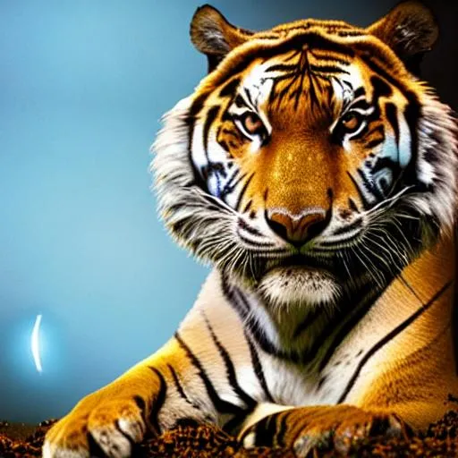 Prompt: A blue-coloured tiger in a desert with night light 