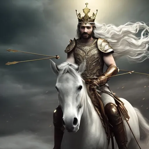 Prompt: A 33 year old man with a bow and a crown on a white horse. He went out to conquering and to conquer. photorealistic.