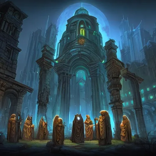 Prompt: Ancient Druids in a City at night