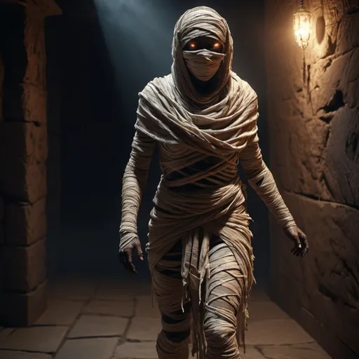 Prompt: Dark fantasy walking mummy, detailed textures, high res, 4k, covered face, bandaged body, eerie glowing eyes, decaying flesh, mysterious aura, high quality, detailed, dark fantasy, ancient, eerie lighting, full body, dynamic pose