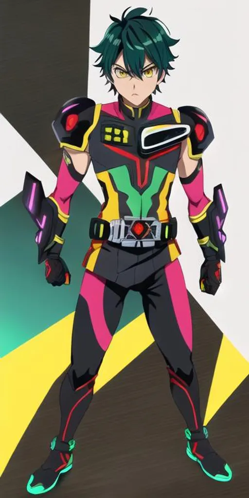 Prompt: kamenrider boy in sf city with highest bill,giant boy. fullbody ultraman tights . Dark Matter Emperor Dark Matter energy within him. kamenrider belt,swimwear and his gauntlets  Dark  veins pulsate beneath his skin, showcasing the potent force of Dark Matter energy. terrible.green body ,yellow tights.clober