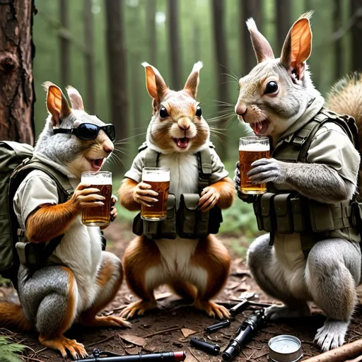 Prompt: photorealism high quality photo a squirrel, rabbit and a monkey in the woods wearing military combat gear and weapons drinking some beers, the rabbit is smoking