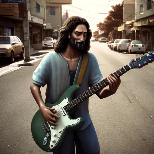 Prompt: that guy on the corner playing guitar named jesus