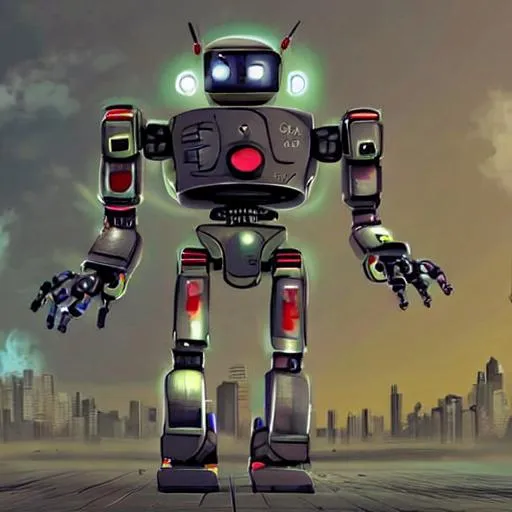 Prompt: a robot that can go to the past or future of the world that can kill that end with a nuke destroying the city