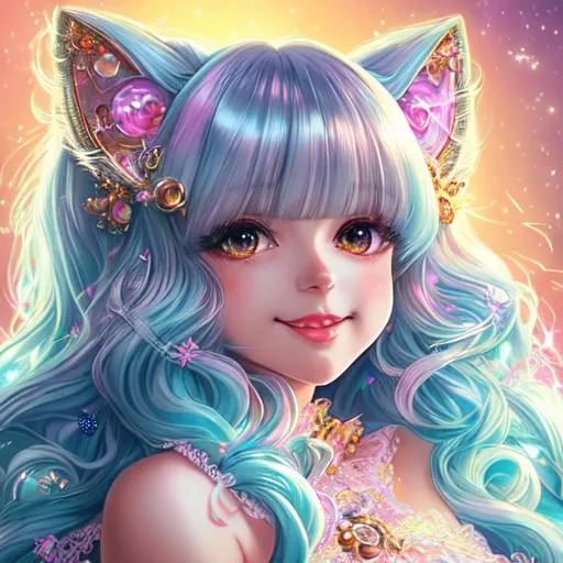 Prompt: Portrait Of A Cute Cat, Fluffy, Long Hair, Hyperdetalization Of Eyes, Lace, Beautiful Dress, Rhinestones, Sequins, Kind Face, Cute Smiles, Soft Facial Features, Thick Eyelashes, Jewelry, Lisa Frank, Anime, Anna Dittmann, Fantasy Art, Concept Art, Colourful Lighting, Golden Hour, anime Character Design, Unreal Engine, Vintage Photography, Beautiful, Tumblr Aesthetic, Retro Vintage Style, Hd Photography, Hyperrealism, Beautiful Watercolor Painting, Realistic, Detailed, Painting By Olga Shvartsur, Svetlana Novikova, Fine Art, Soft Watercolor