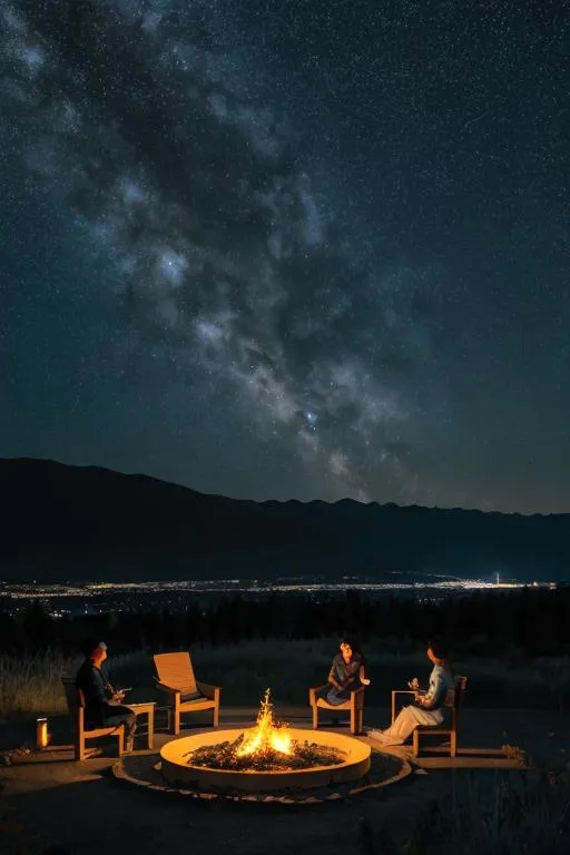 Prompt: long wide view photo highway, quiet, night, starry sky, full moon, serene atmosphere with the silhouette of the hills seen in the distance people who were sitting by the fire ultra hd