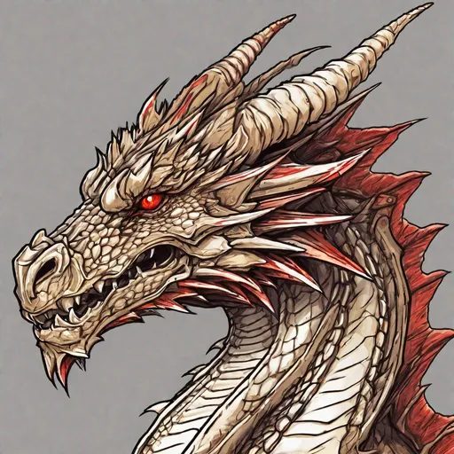 Prompt: Concept design of a dragon. Dragon head portrait. Side view. Coloring in the dragon is predominantly bronze with red streaks and details present.