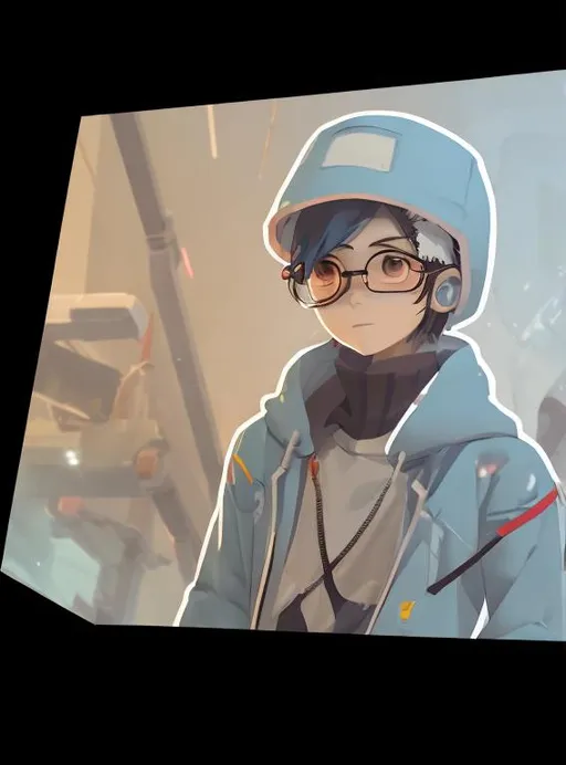 Prompt: 2d blender anime art style, light blue color scheme, character wearing hoodie, frost on jacket, modern style, modern engineering goggles