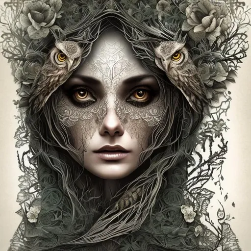 Prompt: "owl face woman, forest, white lace, black leaves, flowers, white background, intricate, detailed, christian schloe"