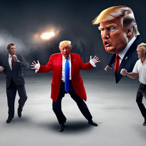 Prompt: Photorealistic Donald Trump about to fight a group of 5 people