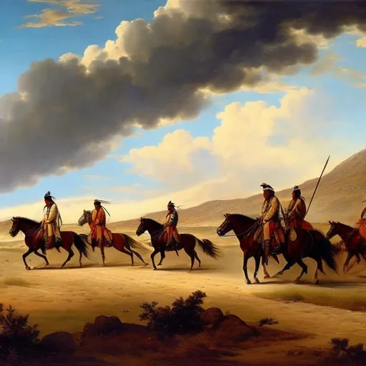 Prompt: A 1800 painting of ancient Native Americans on horses chasing thousands of buffalo in a open planes in the distance 