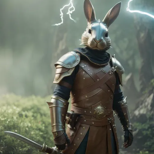 Prompt: adventurous rabbit dressed in leather armor wielding a rapier highly detailed, fine complex micro-details, 8k, volumetric lightning, ethereal light, extremely detailed, octane rendering, hyperrealistic, unreal engine