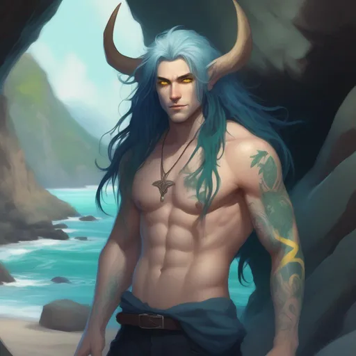 Prompt: dnd a cute man with long messy dark blue hair and yellow eyes and white horns with sea green tattoos on his arms with no shirt in a cave at the beach