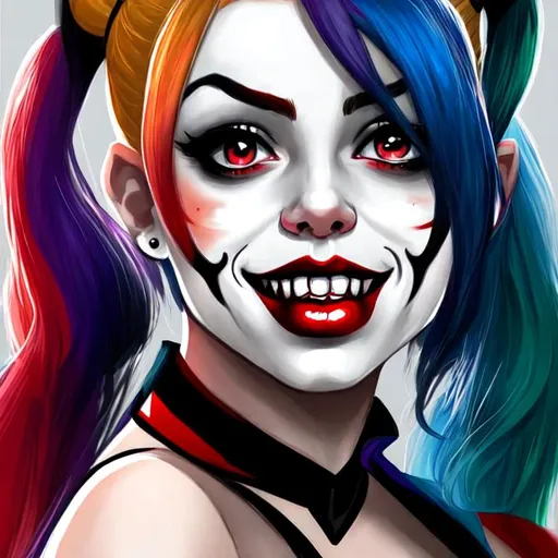 Prompt: Beautiful woman Harley Quinn cartoon portrait 