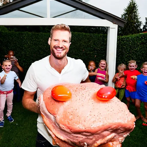 Prompt: Ridiculous attractive man at a kids birthday party with a giant porkchop in his hand
