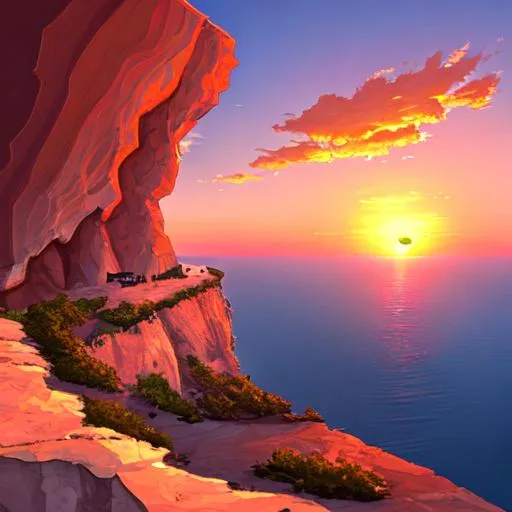 Prompt: a sunset with a cliff, digital art style