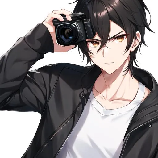 Prompt: Caleb 1male. Sleek black hair, stern and lively brown eyes. Wearing a cool and casual, relaxed fit with a trendy design. UHD. As a Photographer, holding a camera