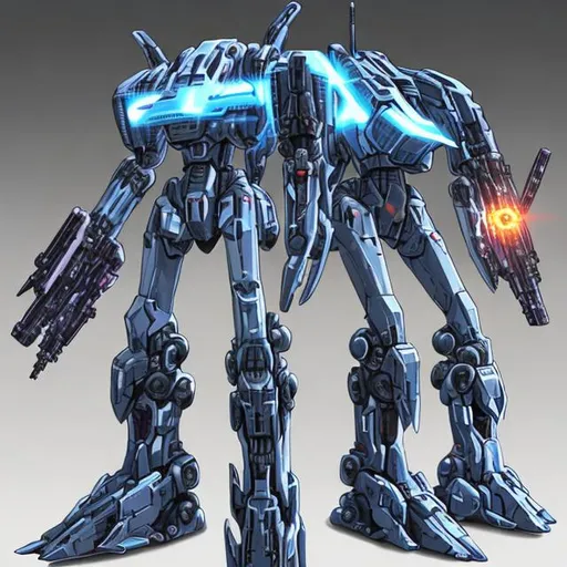 Prompt: An hiperrealistic light harasser type mecha, it has a small power reactor and has extremely powerful boosters for moblity, it has an humanoid form and it's primal armaments are two light laser guns in it's torso, a light plasma knife and  an oversized gauss rifle which it uses to harass enemy mecha from afar.