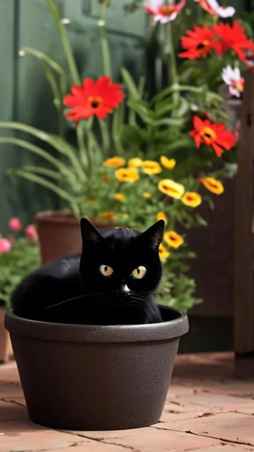 Prompt: A black cat is sitting in a flowerpot looking stupid