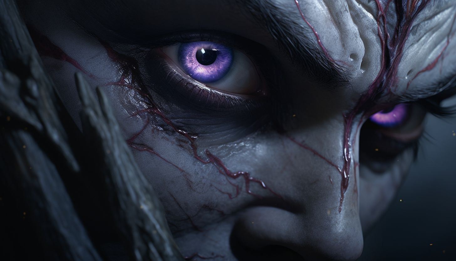 Prompt: warcraft elf dark elf art design hd art deviantart, in the style of close-up intensity, purple and gray, digitally enhanced, necronomicon illustrations, photorealistic eye, 32k uhd, peter sculthorpe --ar 128:73 --v 5.2