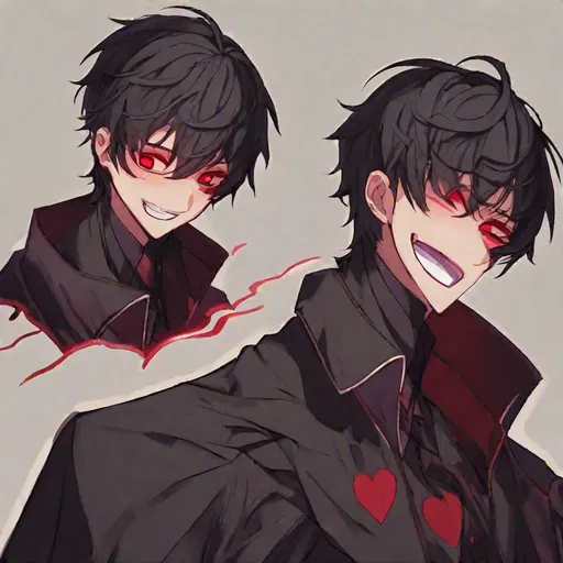 Prompt: Damien (male, short black hair, red eyes) smiling sadistically, eyes wide open, hearts around him, hand covering his mouth