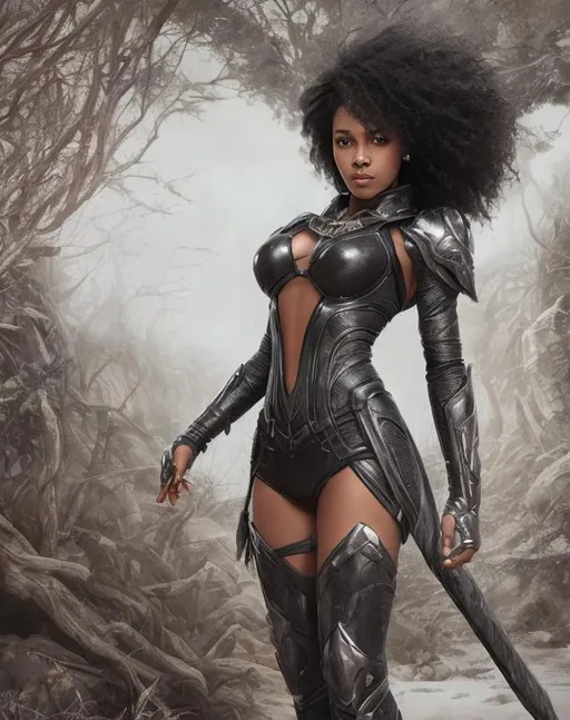 Prompt: beautiful full length photograph of black female super hero in a fantasy environment