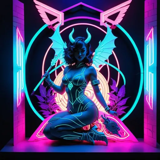 Prompt: a beautiful female demon in a dynamic pose in a retro futuristic synthwave cyberpunk neon paradise.  neon lighting, high quality, beautiful, synthwave, cyber, retro, futuristic