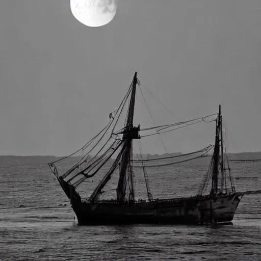 Prompt: A dark night. In the distance a tall sailing ship is seen, the sails shredded and rotted. It floats abandoned and alone. The moon above is bright. There are stars in the sky and a shooting star.





 












