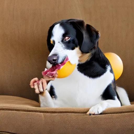 Prompt: A dog eating a raw egg on top of a couch.