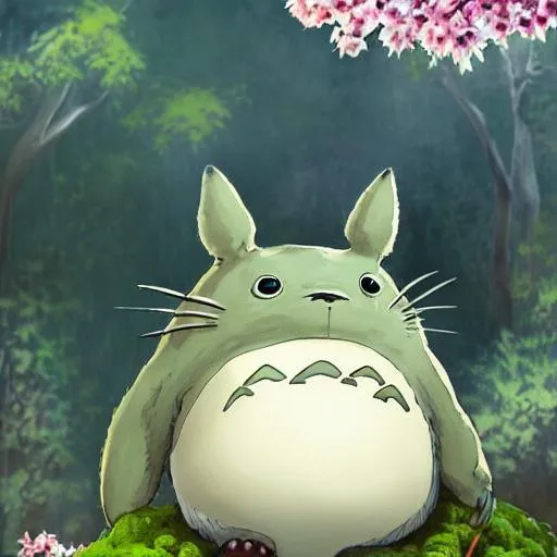 Prompt: Totoro, portrait, highly detailed, digital painting, concept art, sharp focus, illustration, cherry blossom, frog perspective, waterfall