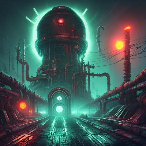 Prompt: Fantasy art style, painting, metal, chrome, Evil, dictatorship, green neon lights, neon lights, green lights, futuristic, power plant, nuclear power, biological mechanical, dystopian, war machine, pipes, cityscape, brutalist, fog, smog