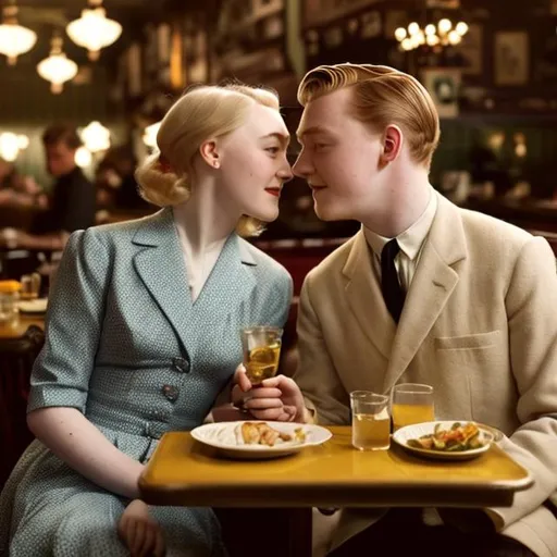 Prompt: Saoirse Ronan and Jack Lowden as a 1950s era couple eating at restaurant while being served by Elle Fanning