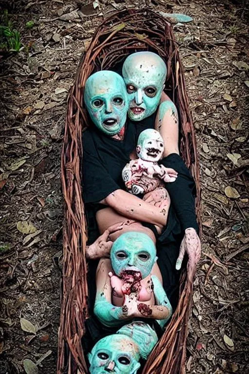 Prompt: Jelous bald mom with Harlequin-type ichthyosis baby in coffin, creepy, horror style, colorful, detailed, family photo