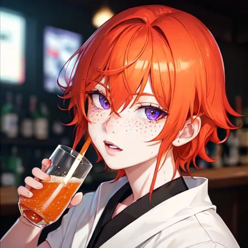 Prompt: Erikku male (short ginger hair, freckles, right eye blue left eye purple)  UHD, 8K, Highly detailed, insane detail, best quality, high quality. at the bar, drinking liquor