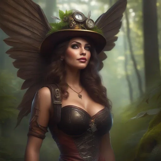 Prompt: Epic. 4k.  8k. Cinematic, Wide angle.  Whole body showing. Hyper realistic painting. Concept art. Detailed Illustration. photo realistic. A beautiful, buxom woman with broad hips. extremely colorful, bright eyes,  standing in a forest by a sleepy town. Shes a Steam Punk style witch, a Winged fairy, with a skimpy, very sheer, gossamer, flowing outfit. On a colorful, Halloween night.