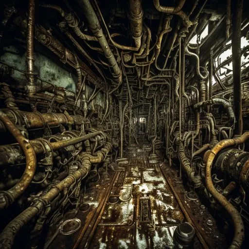 Prompt: A photograph of a dark, rusty shipwreck interior with hundreds of pipes and eldritch machinery. dark, horror, lovecraftian, submechanophobia, claustrophobia,