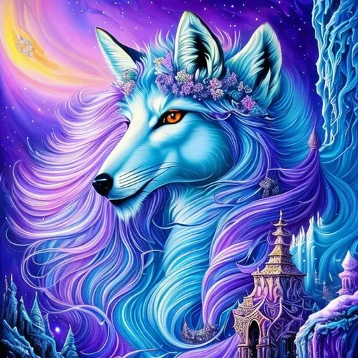 Prompt: masterpiece:1.5, detailed oil painting, insanely detailed, Best Quality:1.5) insanely beautiful wise vixen fox, ageless, ice elemental, lavender pelt, (veiled in auroras), psychedelic colors, (calm hypnotic eyes gleaming amethyst-violet), calm regal smile, stands majestically on a celestial mountain, gorgeous frosted silver mane, insanely detailed fur, insanely detailed eyes, insanely detailed face, slender, (magic violet highlights in fur), crackling lightning, ice storm, (lightning halo), tilted halo, lightning charged atmosphere, enchanting moonlight beaming through clouds, 64K