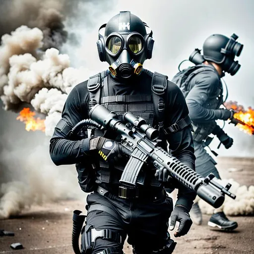 Prompt: Several mordern male black color with gas mask black, running with guns, Highly Detailed, Hyperrealistic, sharp focus, Professional, UHD, HDR, 8K, Render, electronic, dramatic, vivid, pressure, stress, nervous vibe, loud, tension, traumatic, dark, cataclysmic, violent, fighting, Epic.