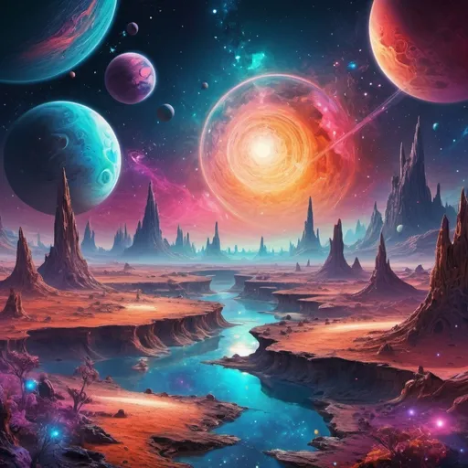 Prompt: Cosmic landscape with vibrant planets and moons orbiting amidst twinkling stars, surreal fantasy art, high quality, fantasy style, vibrant color palette, glowing celestial bodies, dreamy atmosphere, detailed cosmic detail, otherworldly fantasy, cosmic, vibrant, surreal, dreamy, detailed planets, moons, stars, high quality, fantasy art