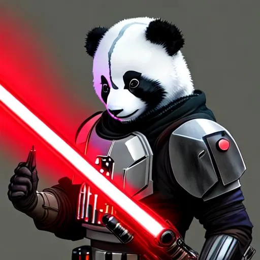 Prompt: cyberpunk panda lightsaber mandalorian